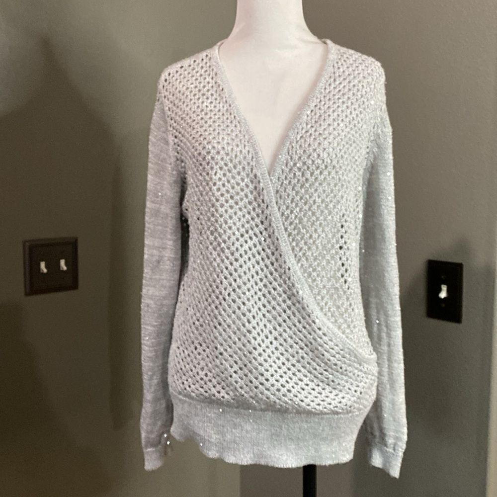INC INTERNATIONAL CONCEPTS Grey Fishnet wrap front Sweater Metallic